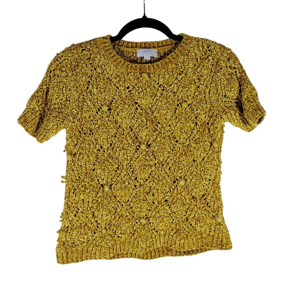LOFT Outlet Mustard Textured Knit Pom Pom Preppy Short Sleeve Petite Shirt